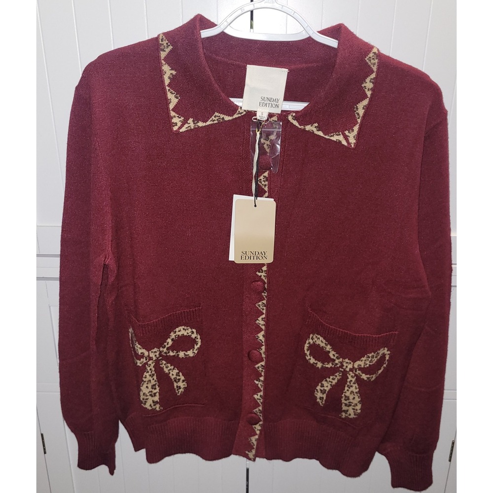 Sunday Edition Womens Burgundy Leopard Bow Cardigan Sweater MWJ20053 Small NWT‎